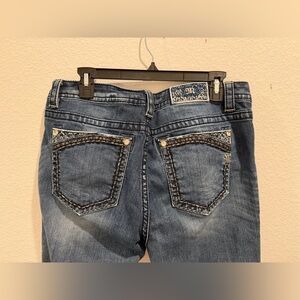 Miss Me blue Denim Jeans embroidered embellished pockets stitching mid rise slim